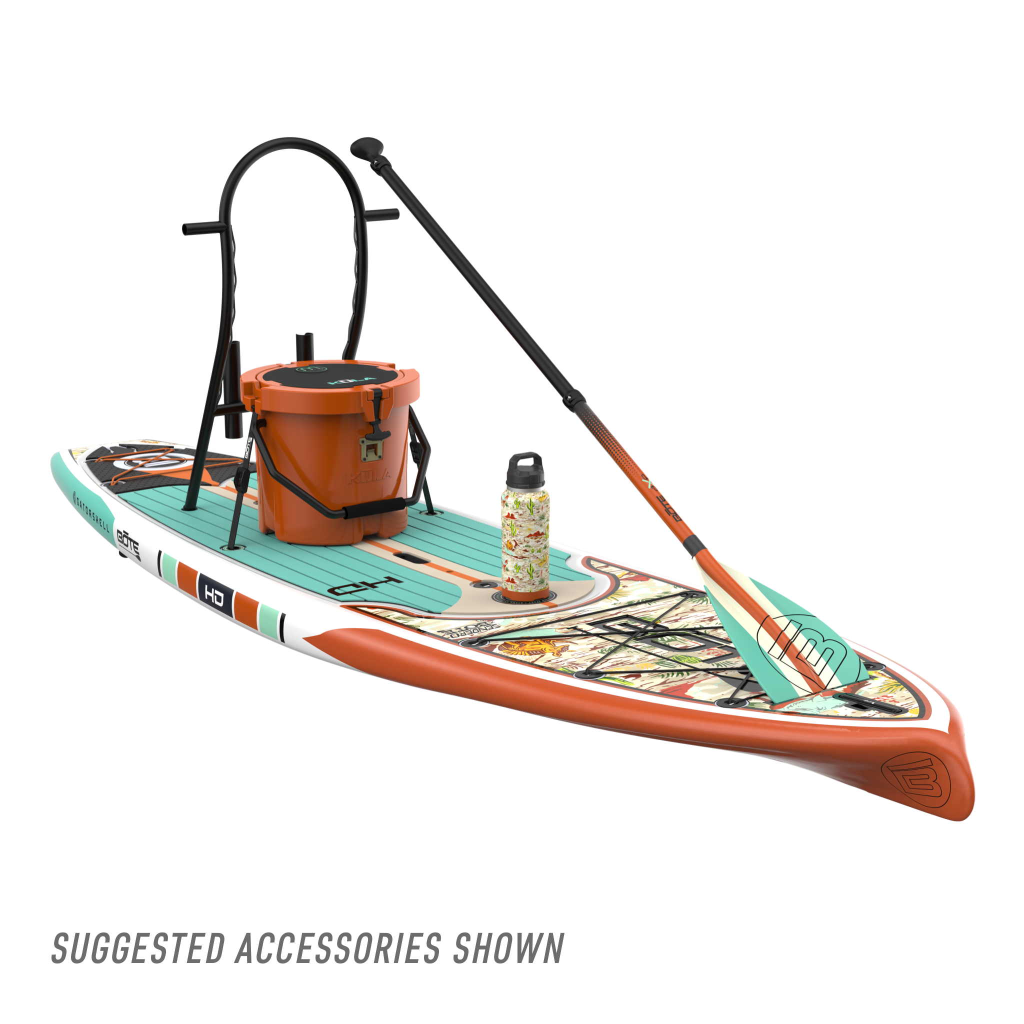 Front view of the HD 10′6″ Native Sendero Paddle Board with accessories