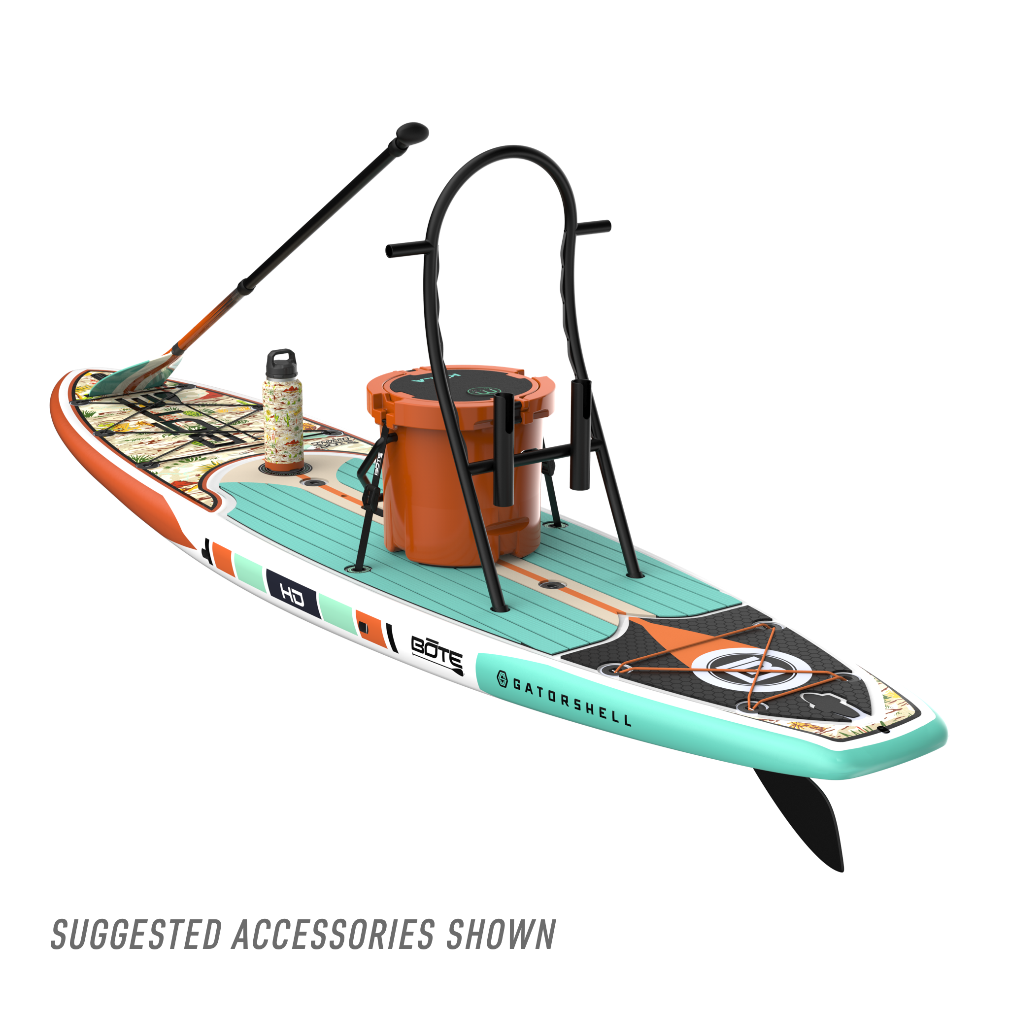 Rear view of the HD 10′6″ Native Sendero Paddle Board with accessories