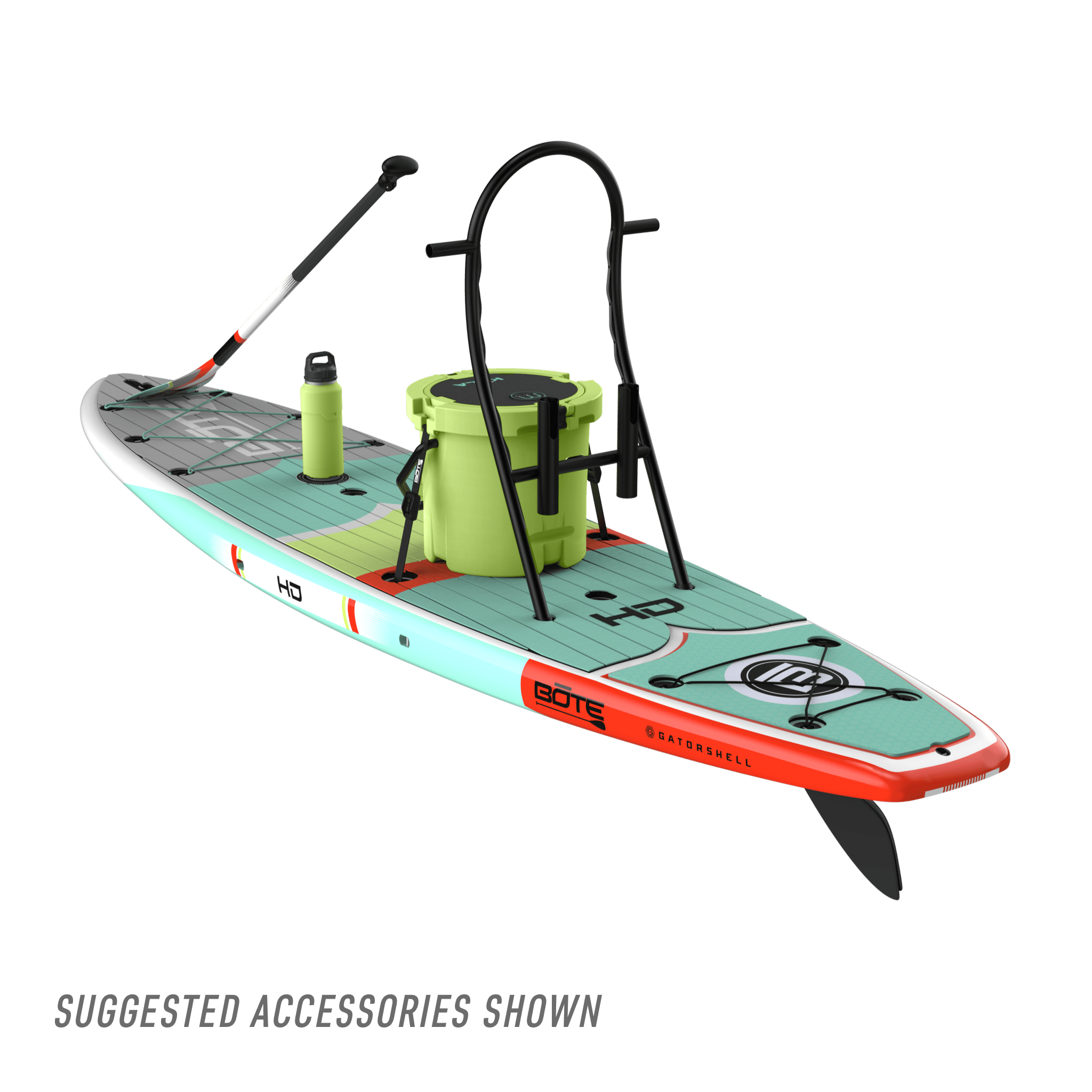 Rear angle of HD 10′6″ Full Trax Lime board with paddle, rack, cooler, and bottle.