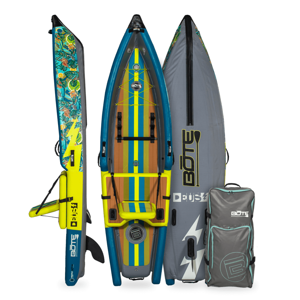 Front, side, back view of the Deus Aero inflatable kayak in Native Bombardier with bag