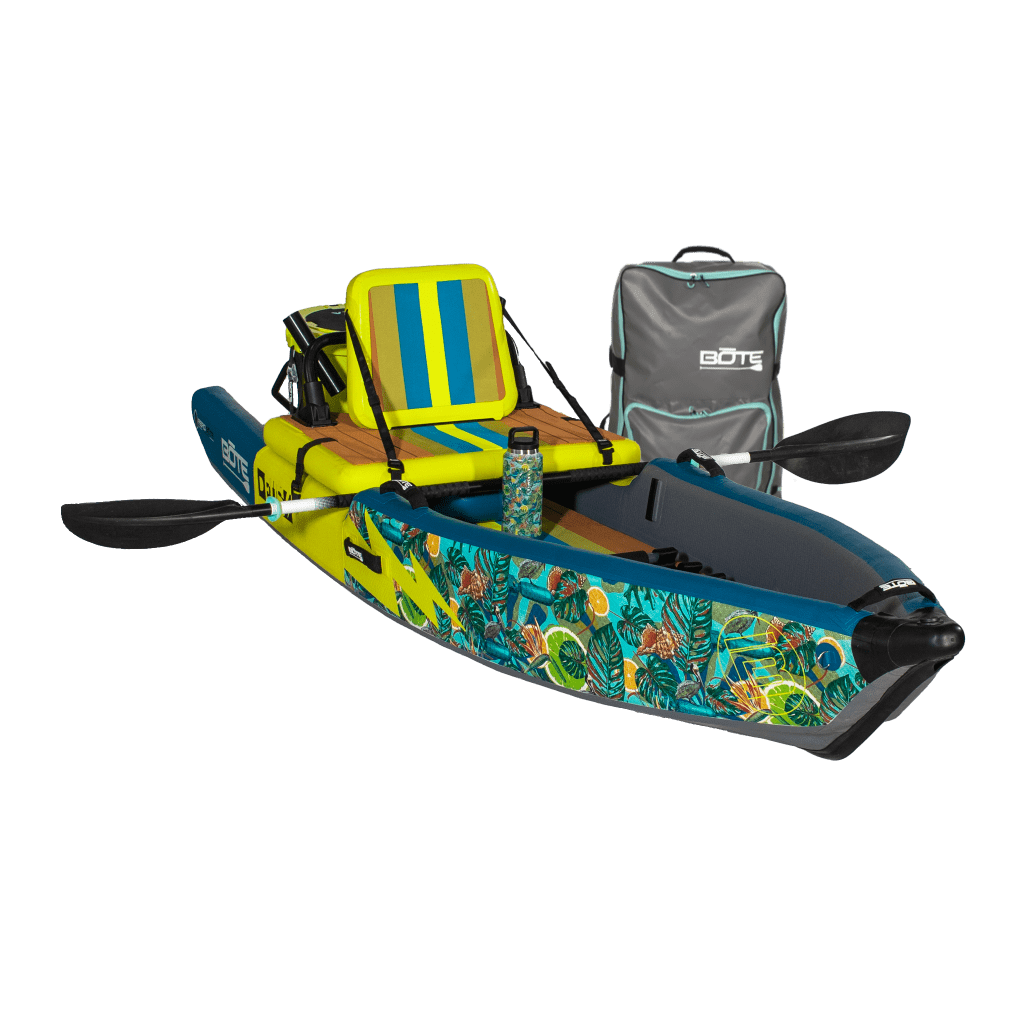 Front angle view of the Deus Aero inflatable kayak in Native Bombardier with paddle and bag