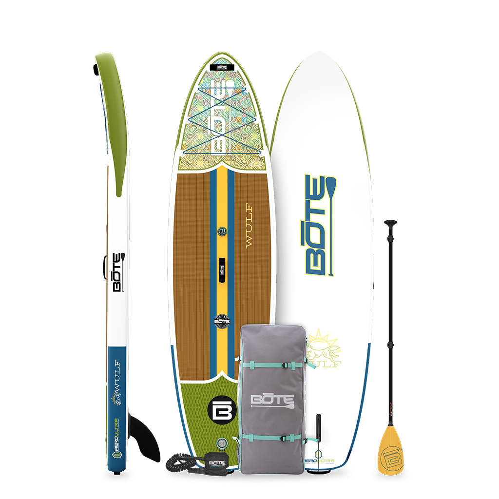 Top, side and bottom view of the WULF Aero Native Scales Inflatable paddle board with bag, leash and paddle