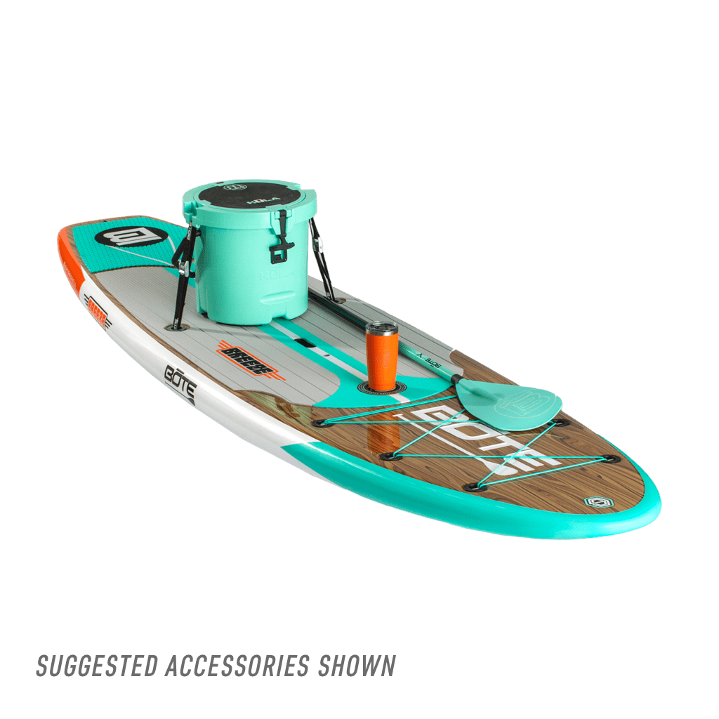 Front view of the Breeze 11′6″ Classic Cypress Paddle Board with accessories