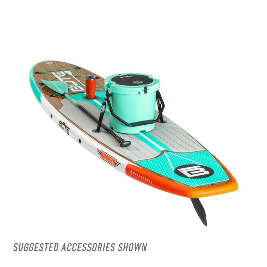 Rear view of the Breeze 11′6″ Classic Cypress Paddle Board with accessories