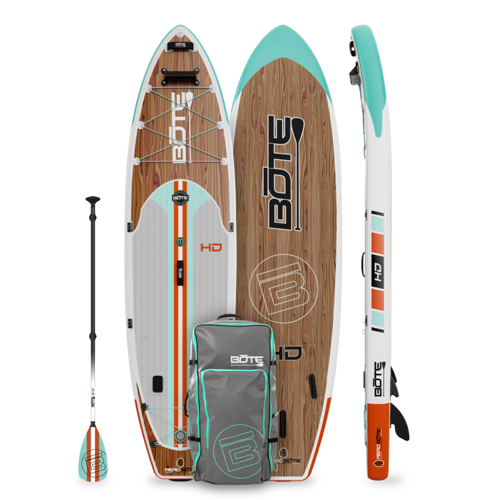 Top, side and bottom view of the HD Aero 11′6″ Classic Mangrove Inflatable Paddle Board with paddle and bag