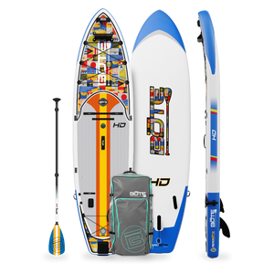 Top, side and bottom view of the HD Aero 11′6″ Fischer Topwater Inflatable Paddle Board with paddle and bag