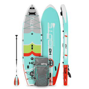Top, side, and bottom view of the HD Aero 11′6″ Full Trax Lime Inflatable Paddle Board with carrying bag and paddle.