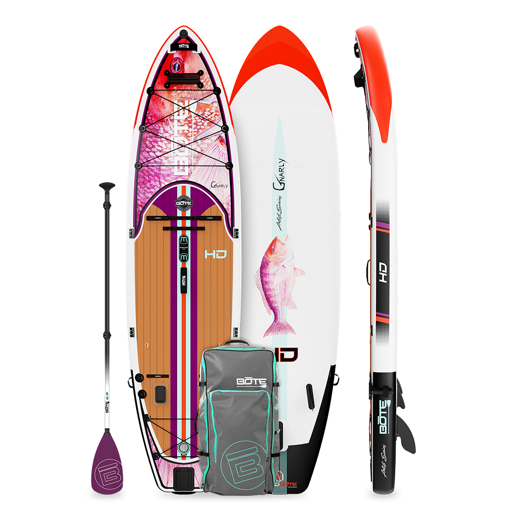 Top and side view of HD Aero Artist Series paddle board with paddle and travel bag.