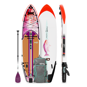 Top and side view of HD Aero Artist Series paddle board with paddle and travel bag.