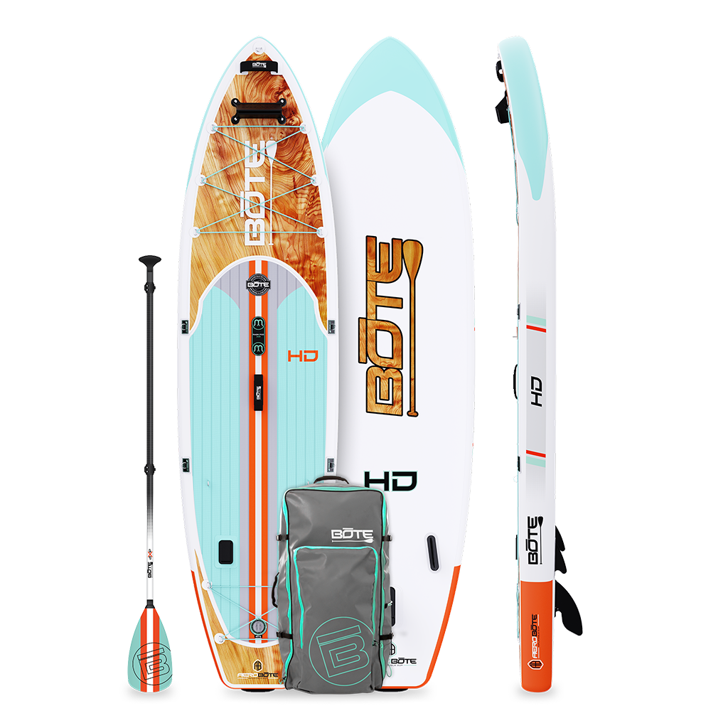 Top and side view of HD Aero paddle board in Classic Cedar colorway with paddle and travel bag.