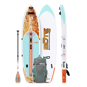 Top and side view of HD Aero paddle board in Classic Cedar colorway with paddle and travel bag.