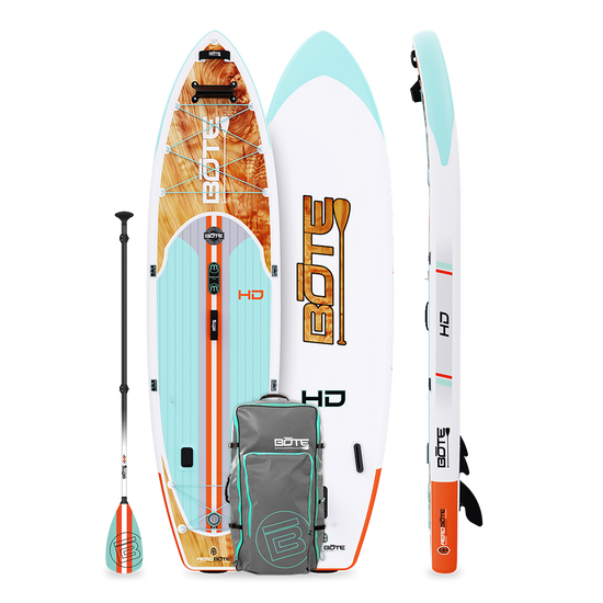 Top and side view of HD Aero paddle board in Classic Cedar colorway with paddle and travel bag.