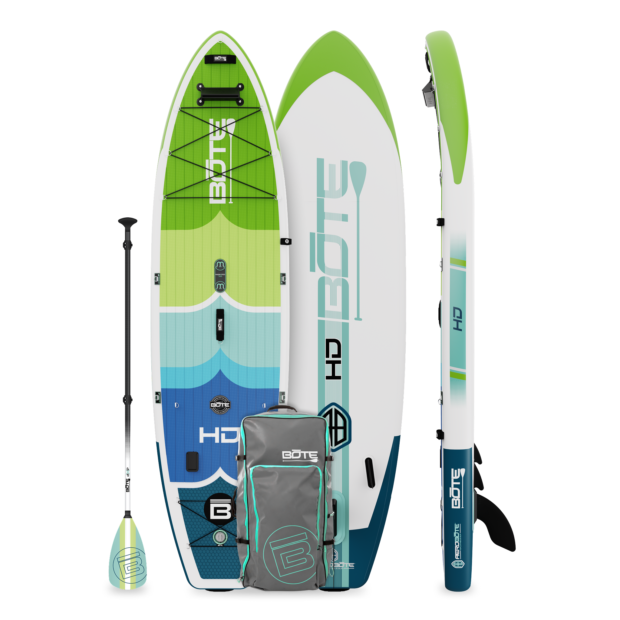 Top and side view of HD Aero paddle board in Full Trax colorway with paddle and bag.