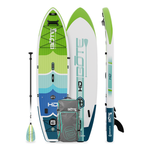Top and side view of HD Aero paddle board in Full Trax colorway with paddle and bag.