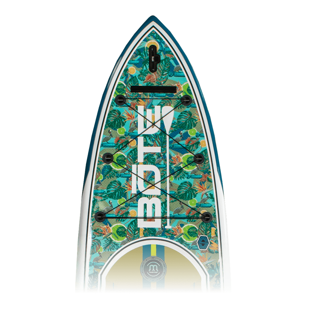 Top view of HD 12' Native Bombardier board with tropical print deck and bungee cords.