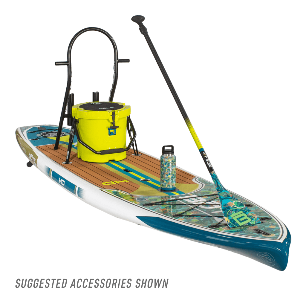 Angled front view of HD 12' Native Bombardier board with cooler, rack, and water bottle.