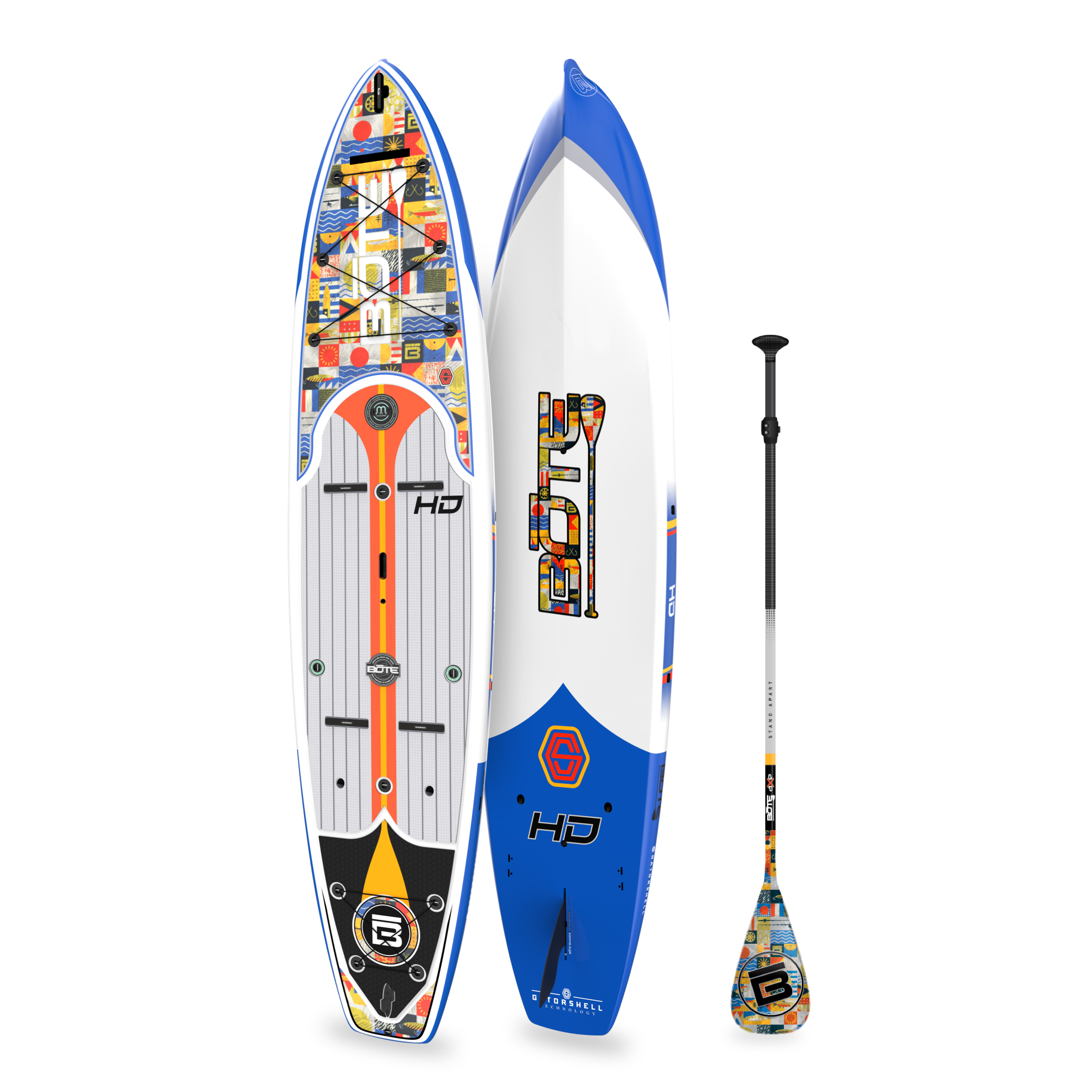 Top and bottom angled view of the HD 12′ Fischer Topwater Paddle Board with paddle
