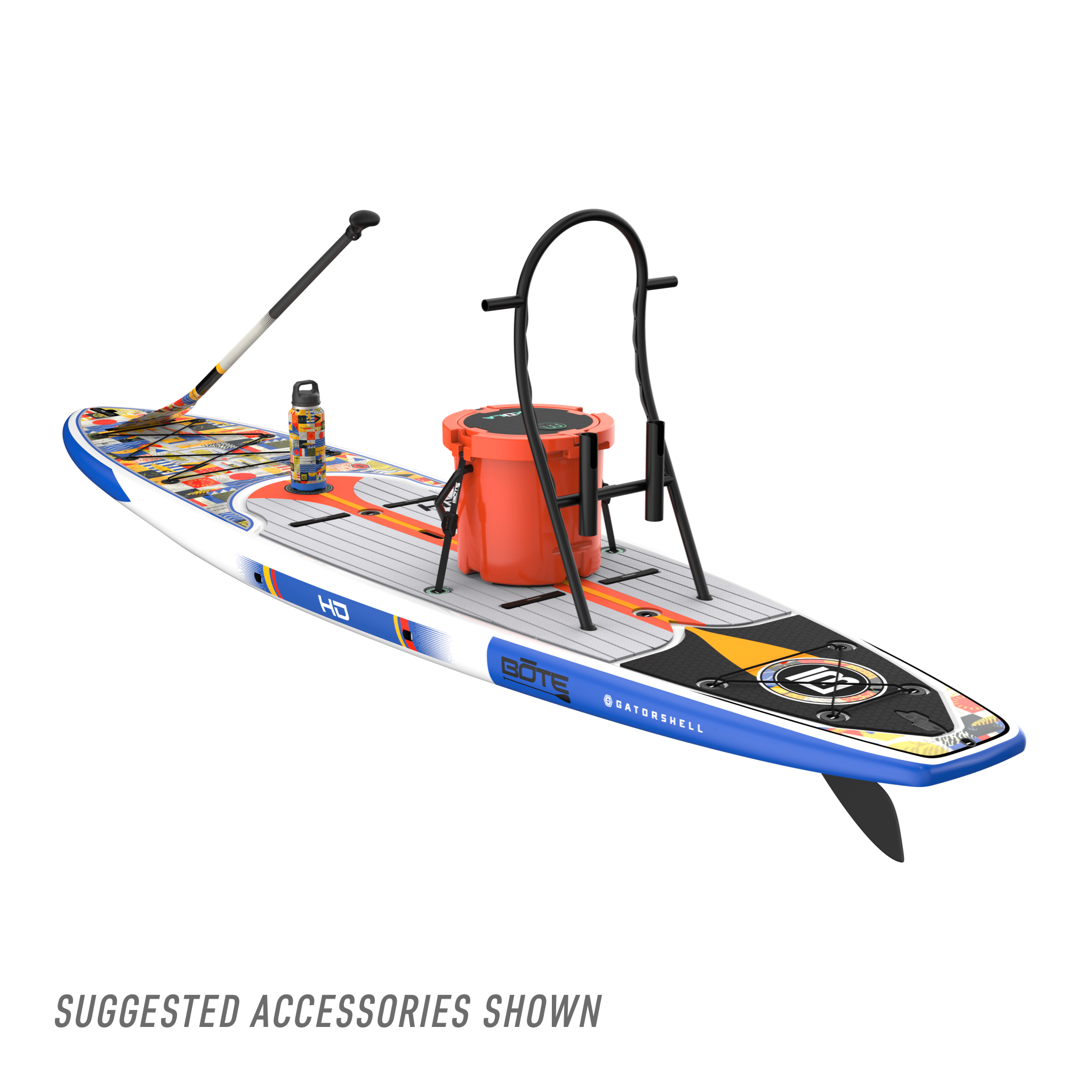 Rear angled view of the HD 12′ Fischer Topwater Paddle Board with suggested accessories