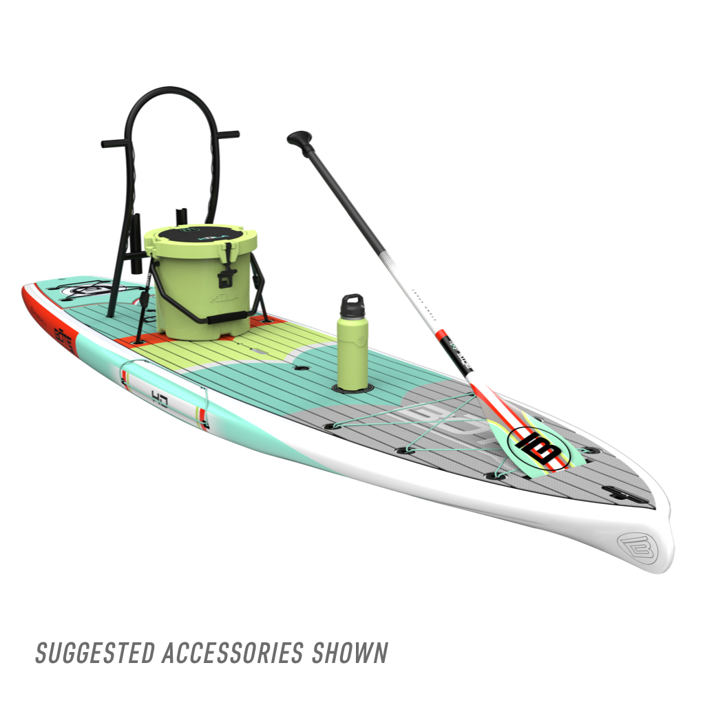 Angled front view of HD 12' board with paddle, bucket, bottle, and seat rack.