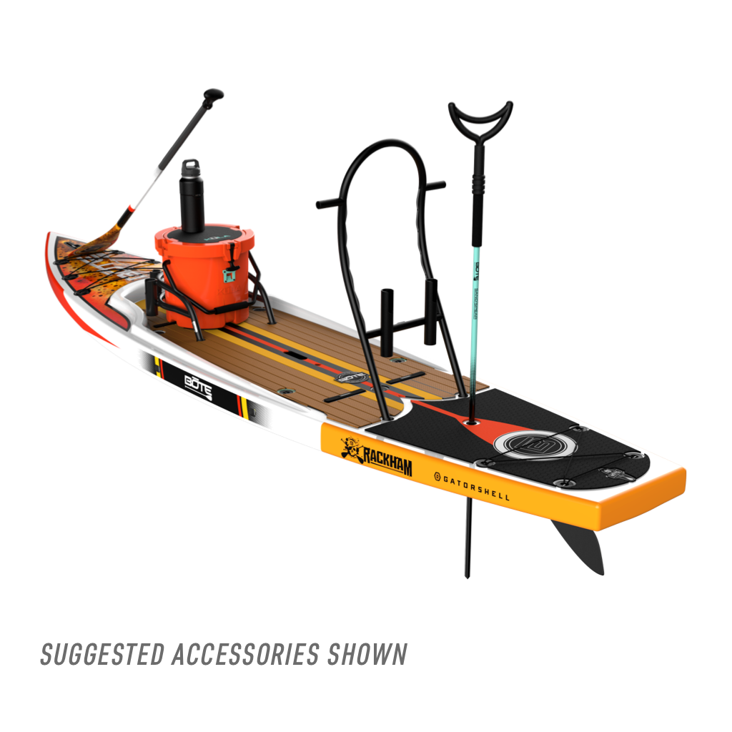 Rear angled view of the Rackham 12′ Fischer Cutthroat Paddle Board with suggested accessories