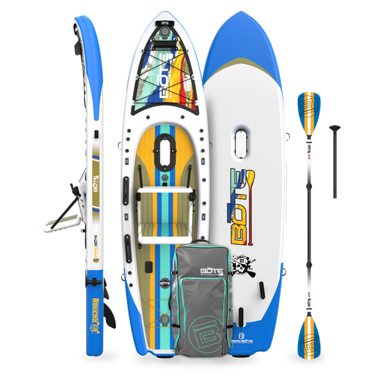 Top, side, and bottom view of the Rackham Aero 12′4″ Native Fusion Apex Inflatable Paddle Board with paddle and bag