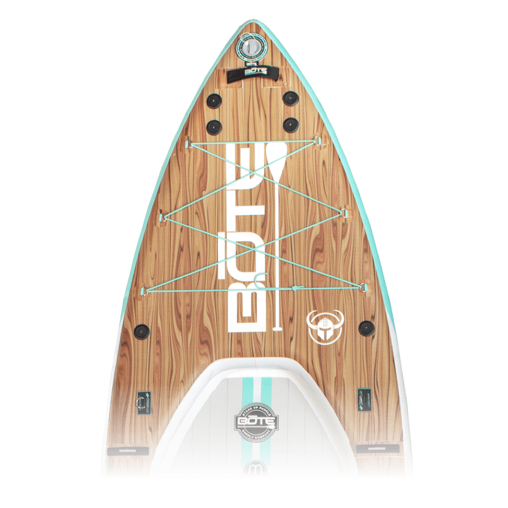 Top view of deck on Rover Aero Classic Cypress with faux wood print and teal cords.