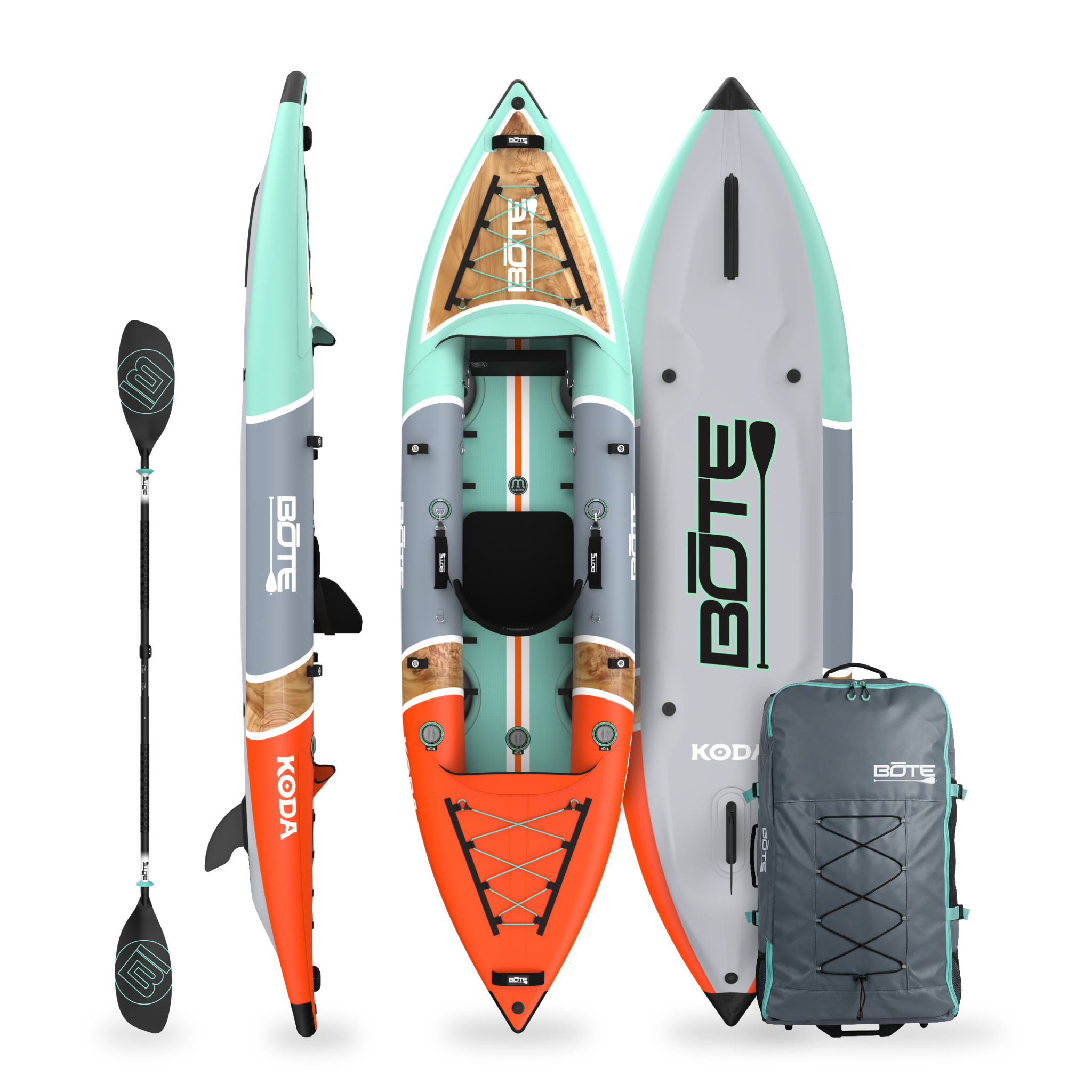 Koda Aero shown in top, bottom, and side views with paddle and carry bag included.