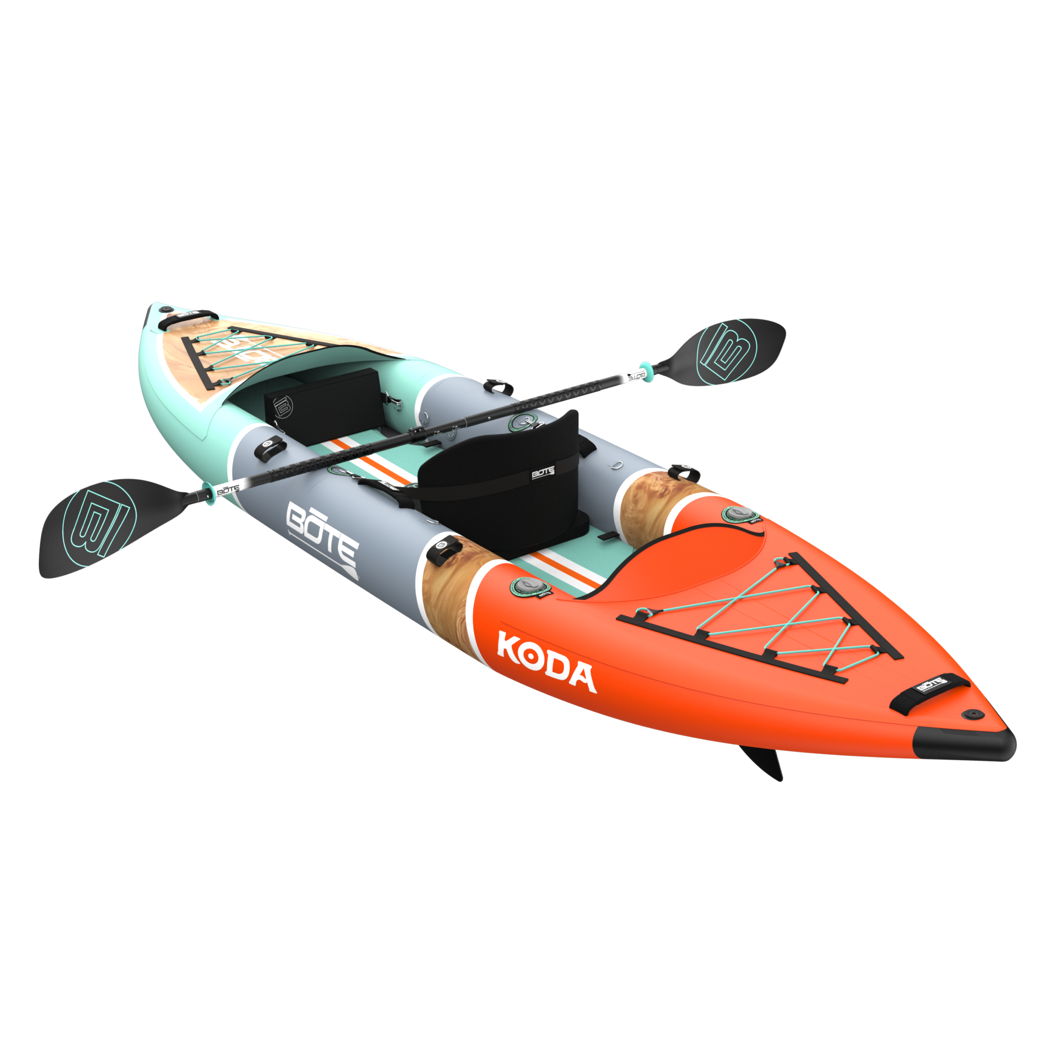 Angled rear view of the Koda Aero showing stern bungee storage and inflatable side rails.