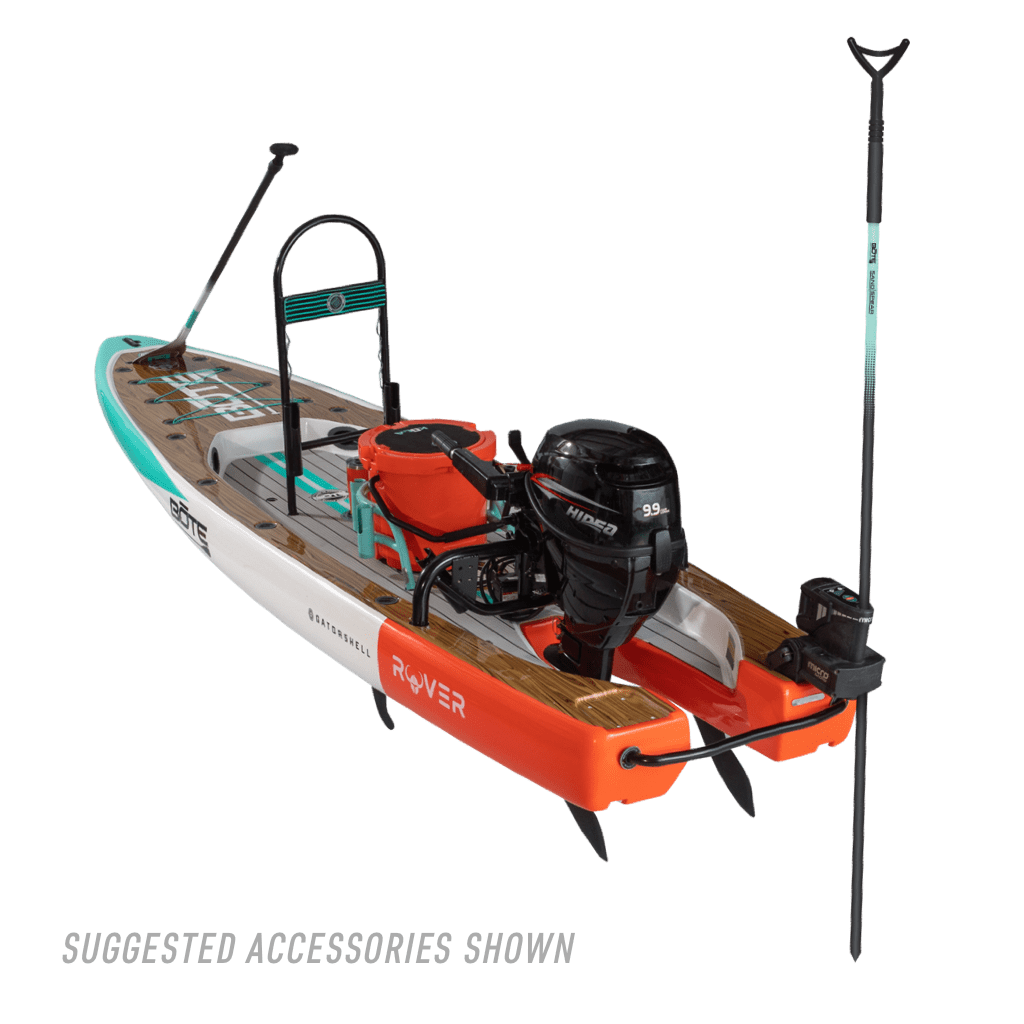 Rear view of Rover 14' Classic Cypress Micro Skiff with motor and accessories on water-ready deck.