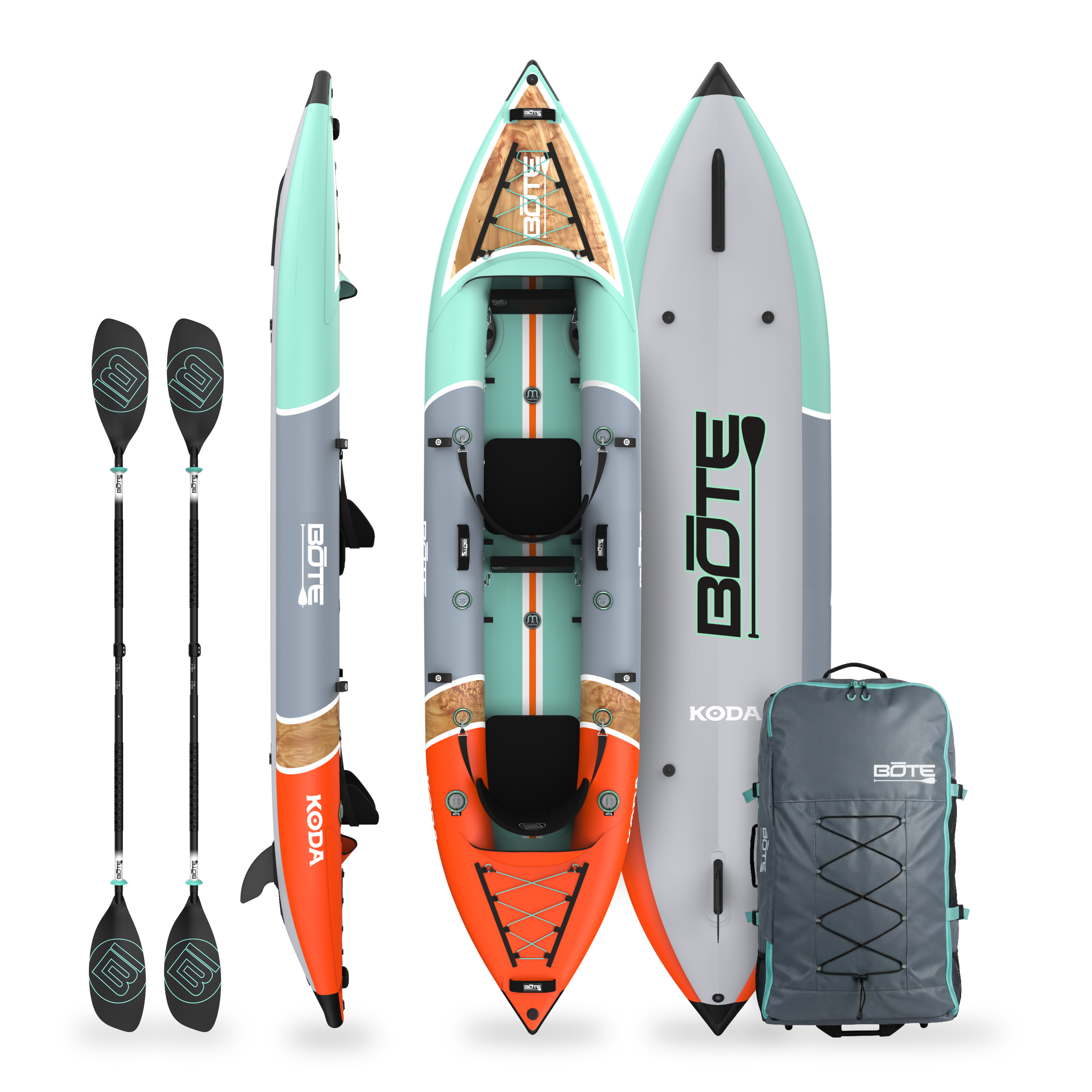 Koda Aero Tandem inflatable kayak package shown top, bottom and side views with paddles and carry bag.