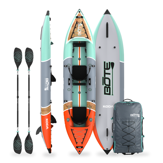 Koda Aero Tandem inflatable kayak package shown top, bottom and side views with paddles and carry bag.