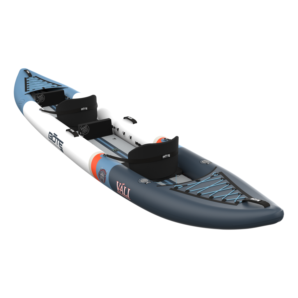 Inflatable kayak with blue and gray design on a white background