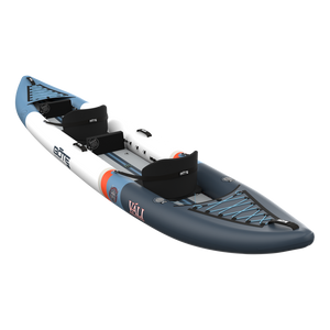 Inflatable kayak with blue and gray design on a white background