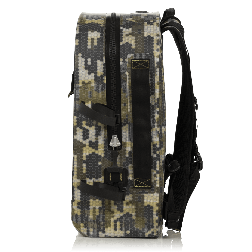 Side of the Verge Camo Highwater backpack with TiZip zipper