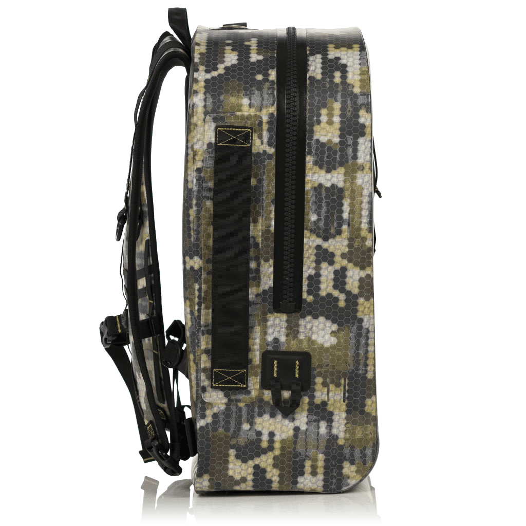 Side of the Verge Camo Highwater backpack with TiZip zipper
