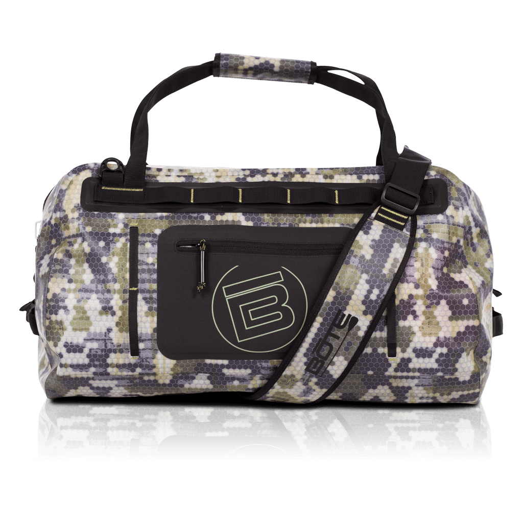 Front of the Verge Camo Highwater Duffel with circle B logo on front stash pocket