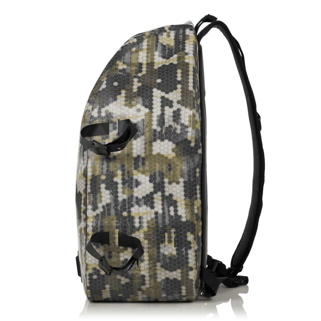 Side of the Verge Camo Highwater slingpack with added buckles to hold gear