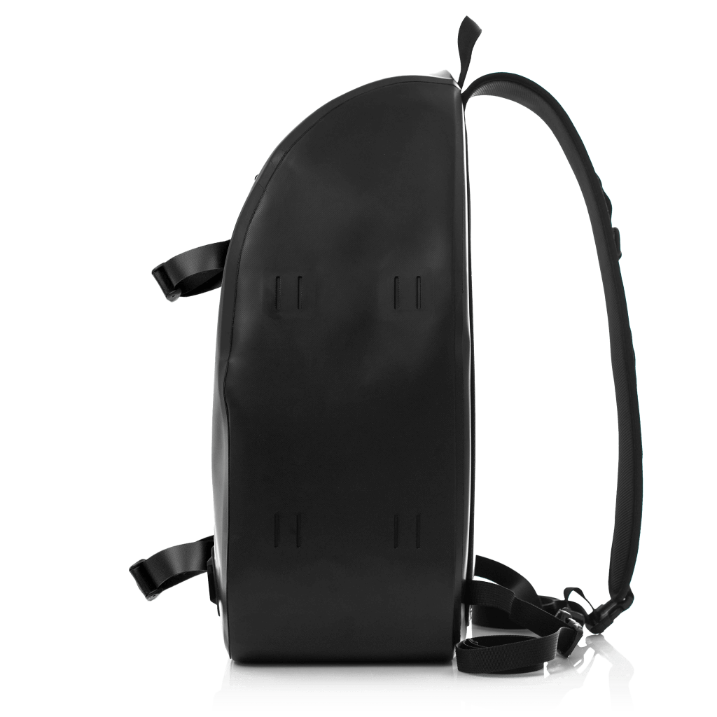 Side of the black Highwater slingpack with slots for added buckles to hold gear