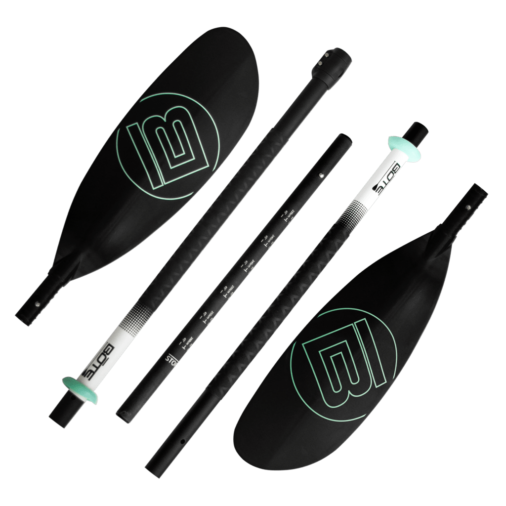5-piece kayak paddle broken up into its 5 individual parts