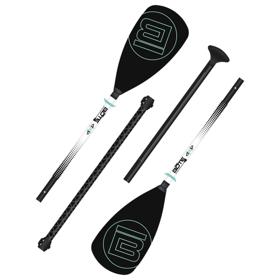 Angled view of the 4-Piece Hybrid Adjustable Aluminum Paddle Black in its four component parts