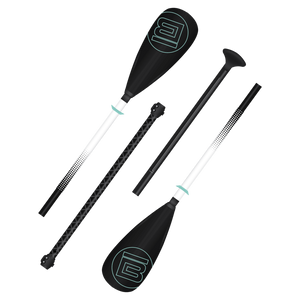 Angled view of the 4-Piece Kids Hybrid Fiberglass SUP Paddle Black in its four component parts