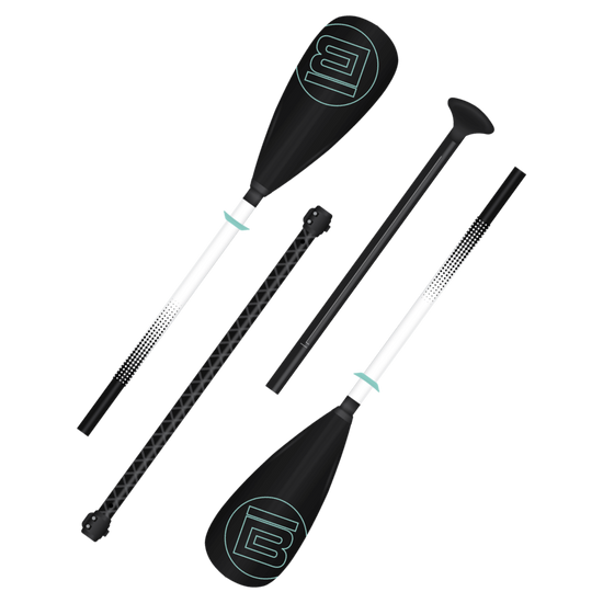 Angled view of the 4-Piece Kids Hybrid Fiberglass SUP Paddle Black in its four component parts