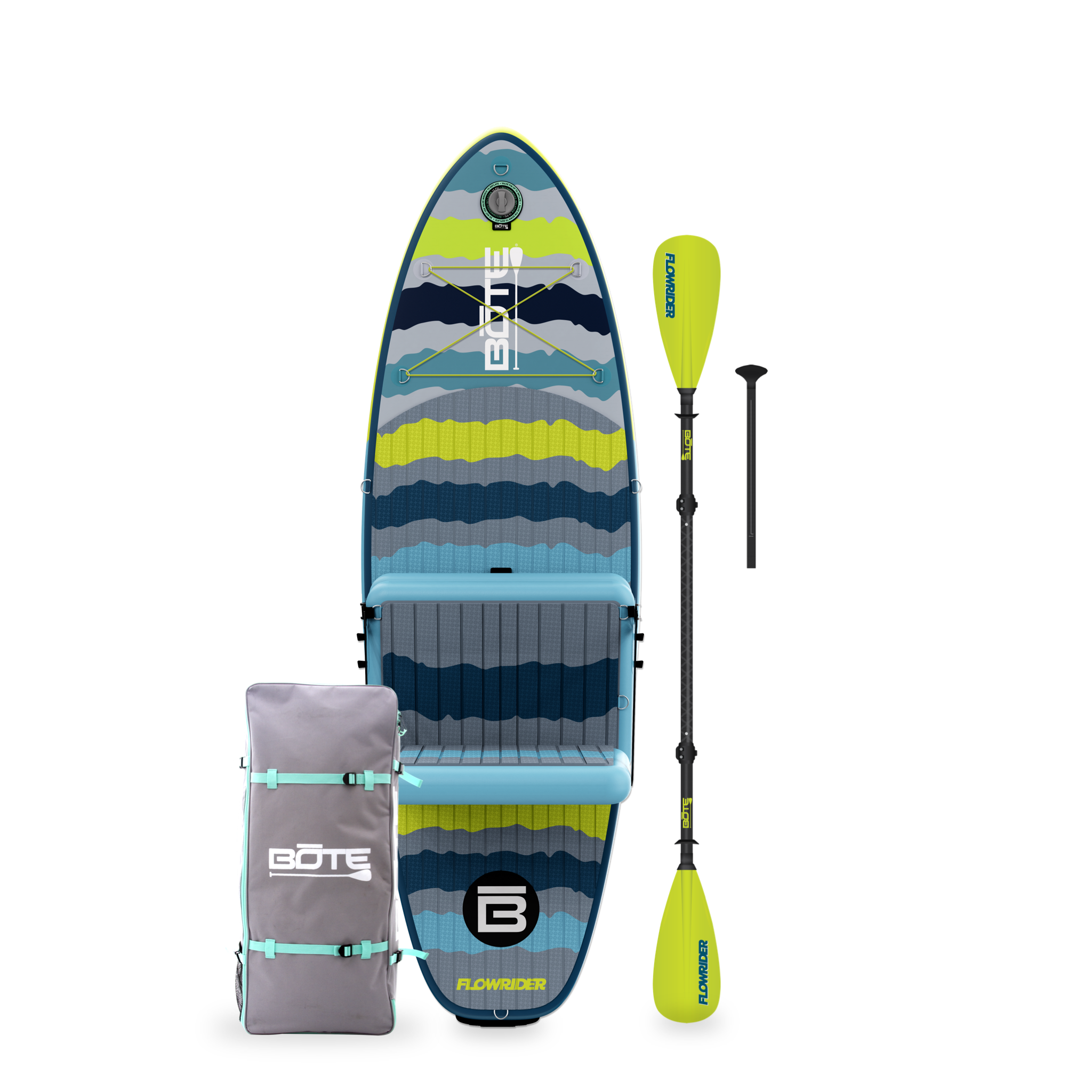 Top-down view of Kids FlowRider with seat, neon paddle, and gray BOTE bag.