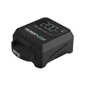 Angled view of AeroPump Mini Rechargeable 12V Pump with digital display and carry handle.