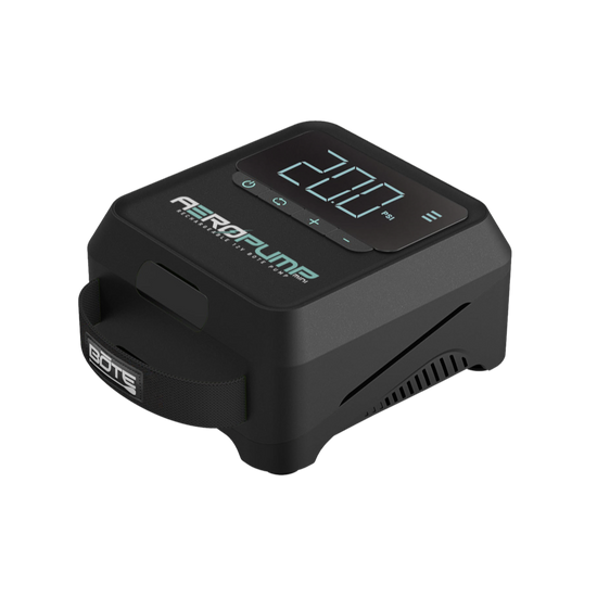 Angled view of AeroPump Mini Rechargeable 12V Pump with digital display and carry handle.