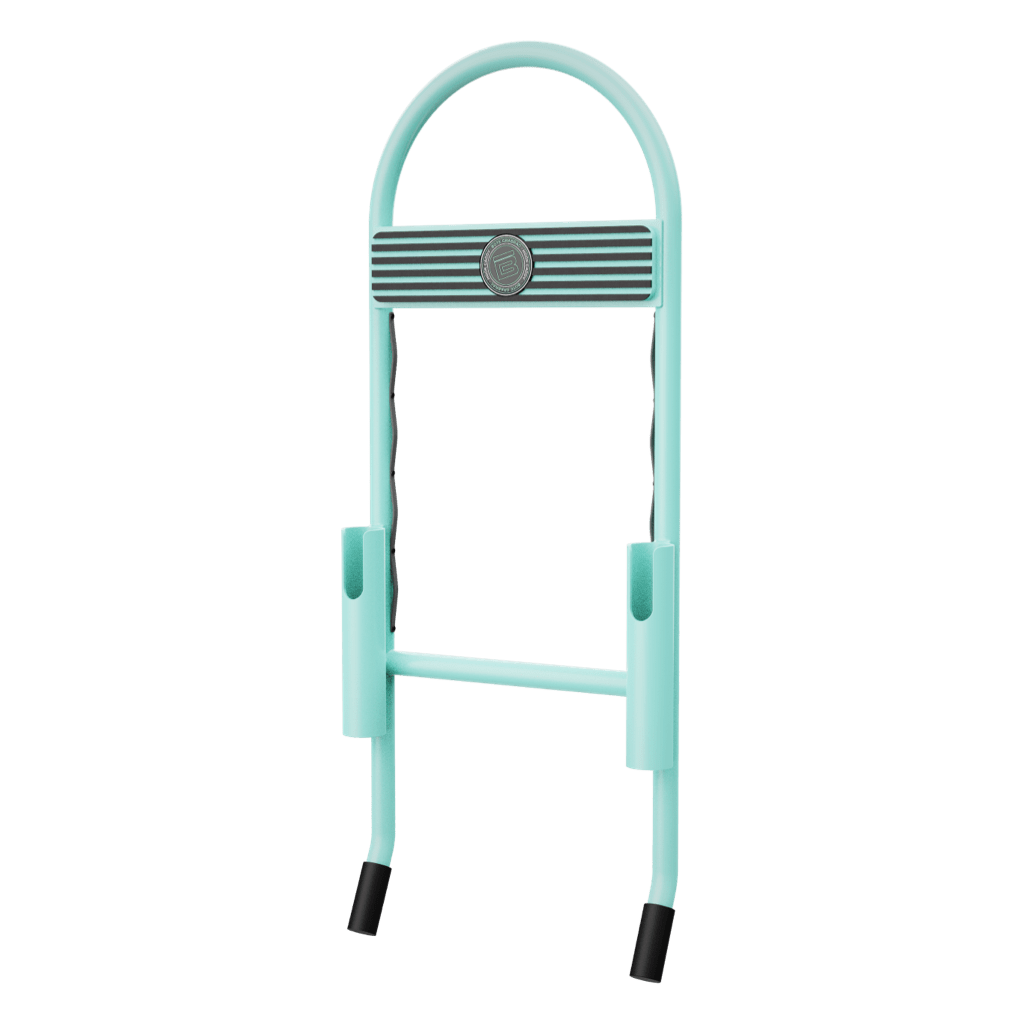 Angled view of Grab Rac Seafoam showing padded grip bar and twin rod holders.