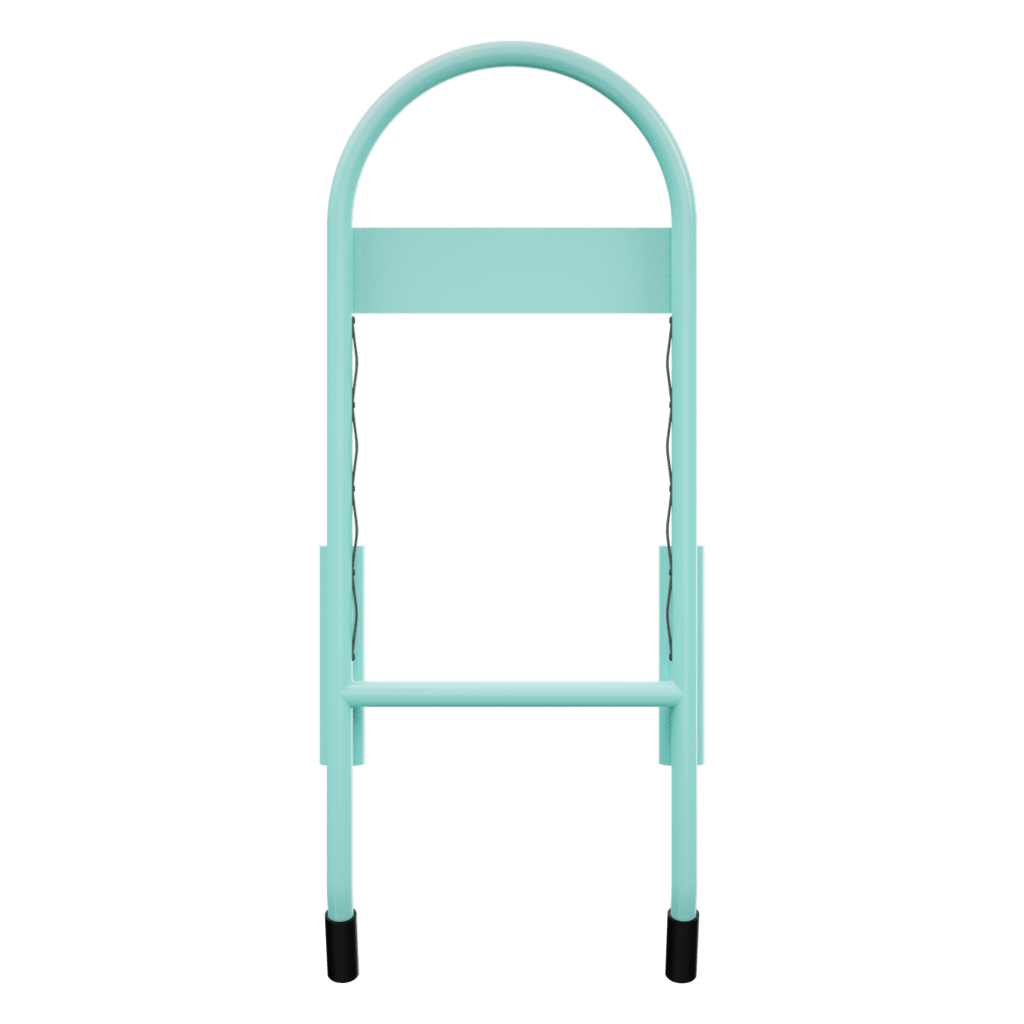 Rear view of Grab Rac Seafoam with solid bar and curved frame legs.