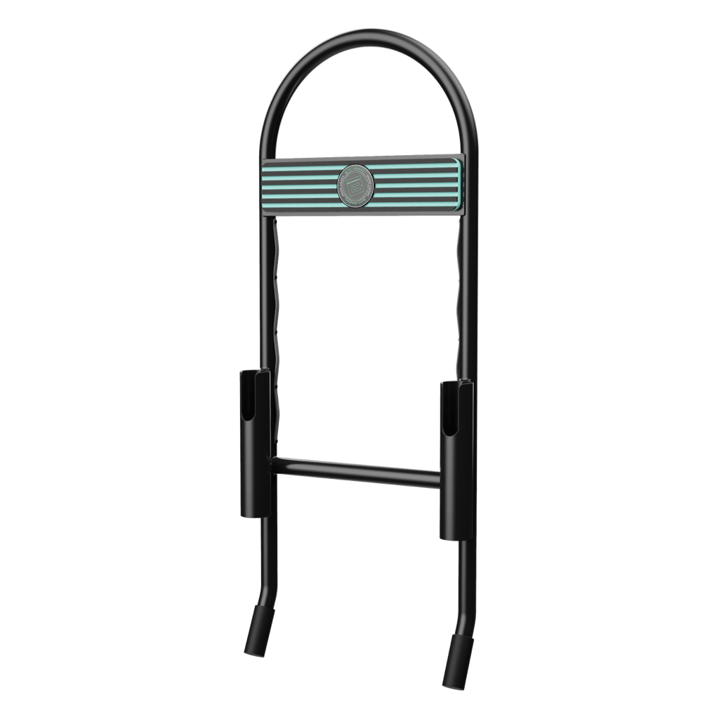 Angled view of Grab Rac Black with curved top, striped logo panel, and dual rod holders.