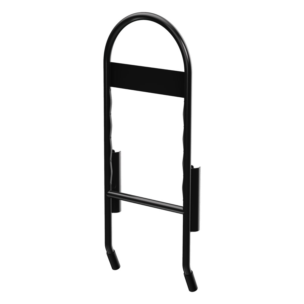 Rear angled view of Grab Rac Black showing solid black panel and rod holders.
