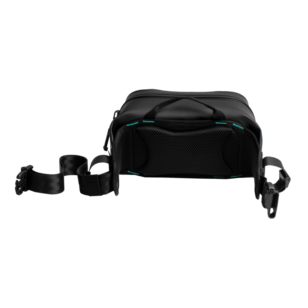 Bottom view of Highwater Belt Pack Black showing padded mesh backing and black waist straps.